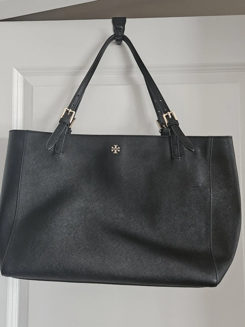 Tory Burch Black Leather Tote with Gold Logo - Picture 1 of 7